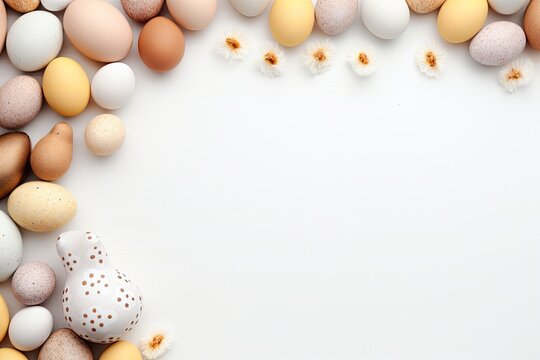 Easter eggs and easter bunny on white background with copy space. Easter background. Top view - generative ai