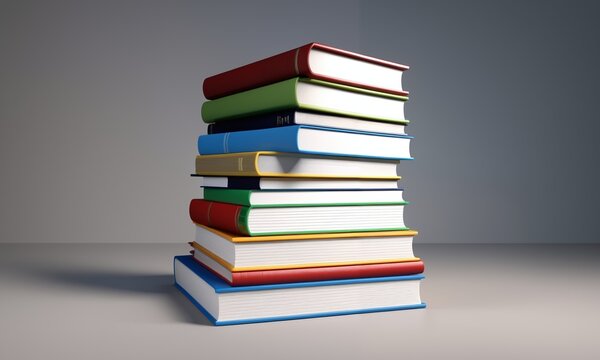3d rendering of a stack of books on a gray background.