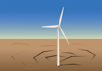 Wind turbine in an arid land. Illustration explaining the negative impact of Windmills on agricultural areas.