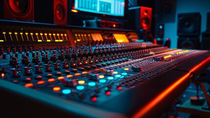 Modernized Music Recording and Production Studio Featuring Professional Gear, Mixing Console in Recording Studio. - obrazy, fototapety, plakaty