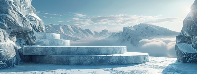 Ice podium background snow winter product platform cold mountain 3D. Podium ice display background cosmetic sky floor blue scene landscape frozen white cool stand pedestal minimal rock glacier nature.