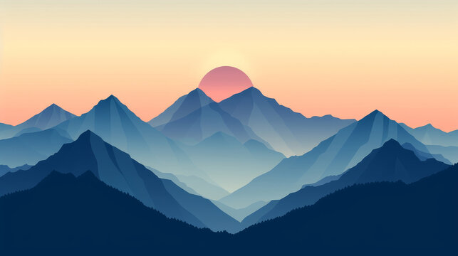 A mountain range with a sun in the sky