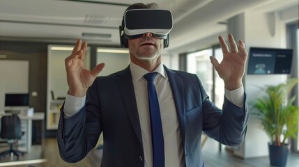 man in a suit with virtual reality glasses interacting in an office in high resolution and high quality. virtual reality concept, glasses, executive, man, office, suit, person