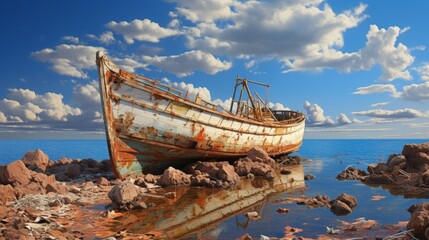 Nostalgic serenity weathered fishing boat on sandy seashore evokes coastal memories