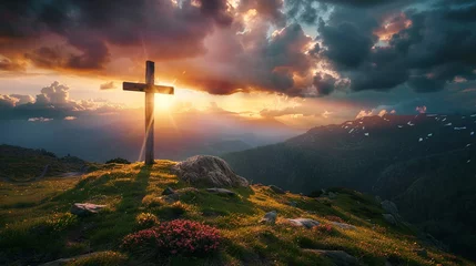 Foto op Canvas A cross on a mountain with the sun shining, AI Generative. © Miry Haval