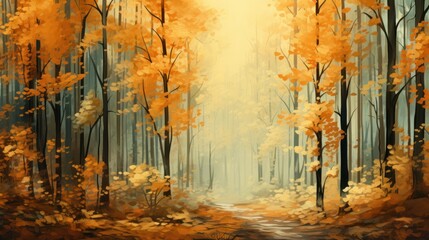 Vibrant canvas of a whimsical autumn forest, painted with expressive brushstrokes. - obrazy, fototapety, plakaty