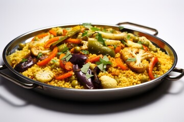 Fototapeta premium Exquisite couscous on a metal tray against a white background