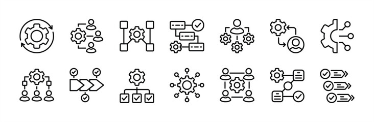 Workflow thin line icon set. Containing hierarchy, mechanism, manager, collaboration, organisation, activity, operation, procedure, planning, process, system arrow, productivity, progress, strategy