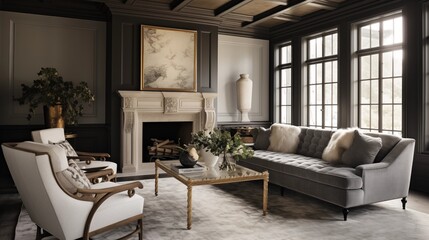 Sophisticated lounge area with box beam ceilings marble fireplace and curated antique furnishings.