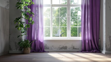 The purple curtains gently sway in the breeze, framing the room's window with a delicate flutter.
