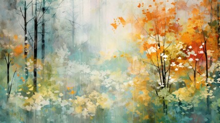 Whimsical autumn forest in watercolor, capturing the vibrant colors of nature's seasonal change.
