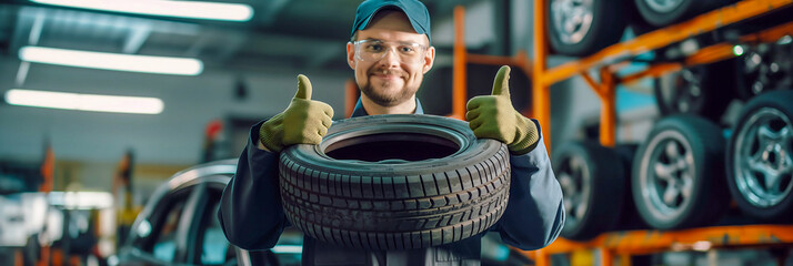 Grinning Auto Technician with Tire