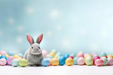 Fototapeta na wymiar Easter eggs and easter bunny on white background with copy space. Easter background. Top view - generative ai