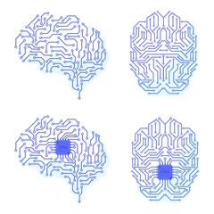 Electric circuit brain. Brains synapses electrons microchip circuit pathway line, electricity digital communication artificial intelligence complex concept neat vector illustration