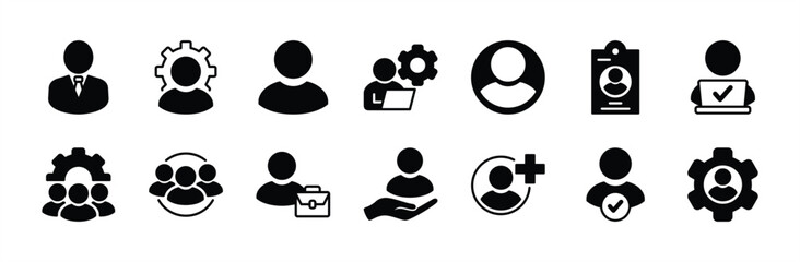 Employee icon set. Containing people, user, Id card, working, group, recruitment, organization management, team, human resource, leader, agent, partnership, job, community, staff. Vector illustration