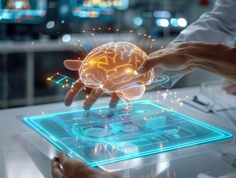 A person is holding a brain in a digital image. The brain is surrounded by a glowing aura, giving it a sense of life and energy. Concept of the brain as a complex and vital organ