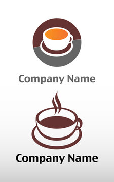 A logo for the company name on a plate with a cup of coffee and a cup of coffee