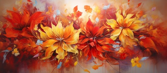 A beautiful painting of red and yellow flowers set against a brown background, showcasing the vibrant colors of nature in art form