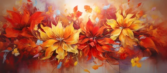 Plexiglas foto achterwand A beautiful painting of red and yellow flowers set against a brown background, showcasing the vibrant colors of nature in art form © AkuAku