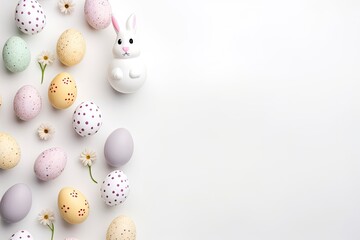 Easter eggs and easter bunny on white background with copy space. Easter background. Top view - generative ai - obrazy, fototapety, plakaty