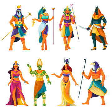 Cartoon egyptian gods. Egypt religion god and goddess of nile historical figures, ancient pharaoh statue anubis osiris isis horus ra hathor