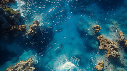 Fototapeta na wymiar The ocean is calm and clear, with a rocky shoreline. AI.