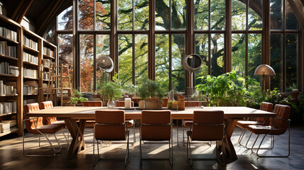 Decoration for A cozy reading room with a big table and bookshelf
