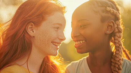 Embracing diversity, they exchange laughter under the warm hues of a beautiful sunset. - obrazy, fototapety, plakaty