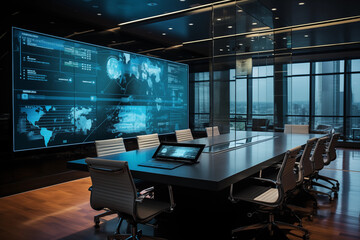 Modern spacious conference room with large table and screen on the wall. On the monitor are business graphics and stats in a modern office