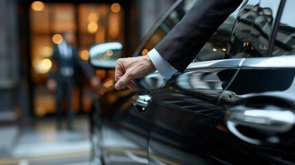 Businessman, hands and chauffeur by car door for travel accommodation, designated driver or commute. Hand of male person on vehicle handle in professional transport service, business class or pick up