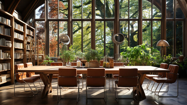 Decoration for A cozy reading room with a big table and bookshelf