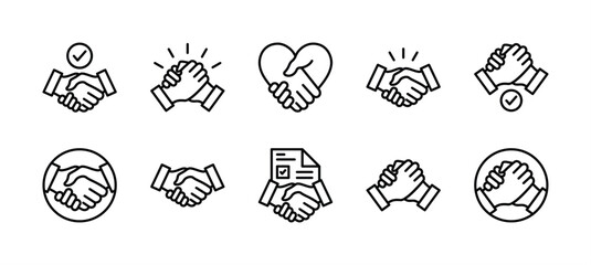 Business agreement handshake thin line icon set. Containing friendship, partnership, relation, cooperation, contract deal, success, greeting, respect, teamwork, trust, welcome. Vector illustration