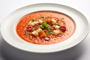 Tempting gazpacho on a rustic plate against a white background