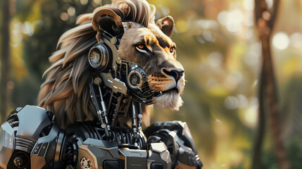 Majestic Mech: Robot with Lion-Like Visage Dominates the Scene - obrazy, fototapety, plakaty