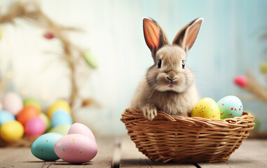 Festive background with Easter bunny, Easter eggs and basket. Celebrating the holiday of Easter