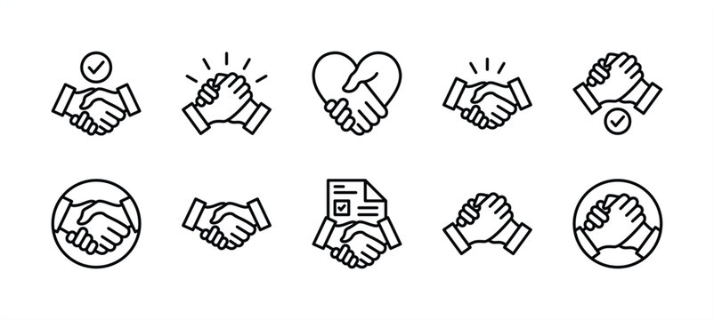 Business agreement handshake thin line icon set. Containing friendship, partnership, relation, cooperation, contract deal, success, greeting, respect, teamwork, trust, welcome. Vector illustration
