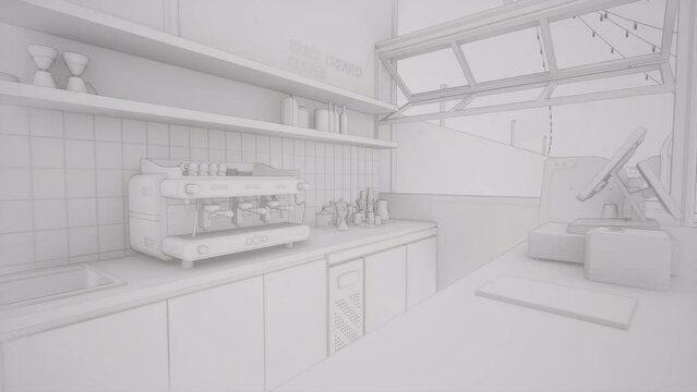 Boceto del interior de restaurante cafeter&iacute;a, v&iacute;deo de animaci&oacute;n 3d 4k 60fps