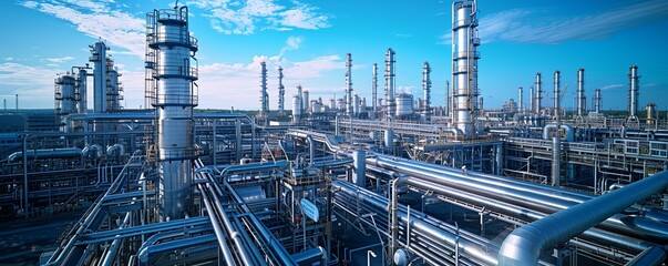 In the heart of the petrochemical industry, silver pipelines and distillation columns stand tall, bathed in the clarity of a blue sky
