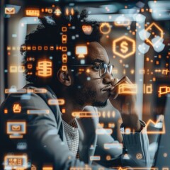 Fototapeta premium Man Contemplating Digital Data Visualization