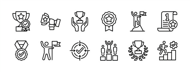Management business success award thin line icon set. Containing reward, trophy, winner, victory, goal, achievement, badge medal, target, motivation, competition, aim, champion. Vector illustration