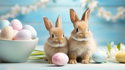 Festive background with two cute Easter bunnies and Easter eggs. Celebration of Holy Easter