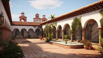 Spanish hacienda with tiled roofs arched walkways and courtyards. - obrazy, fototapety, plakaty