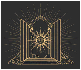 Open gates of heaven with sun and all-seeing eye, portal with grate door in clouds, arch entrance to paradise, vector