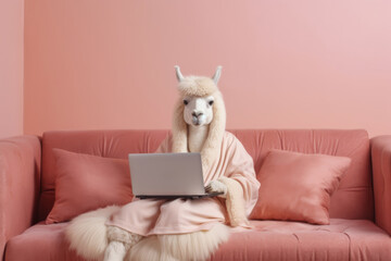 Fototapeta premium a happy lama, sits on the sofa and holds a laptop in his hands