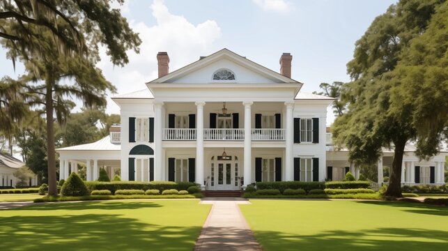 Sprawling Southern plantation mansion with white columns wrap-around porch and lush grounds.