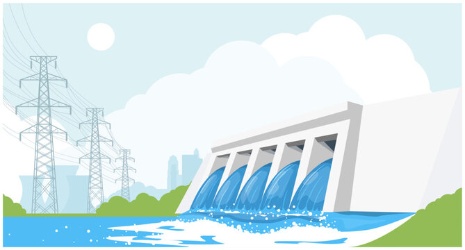 Hydroelectric power plant, river dam, hydropower energy generation reservoir, high-voltage power lines and city, power supply, vector