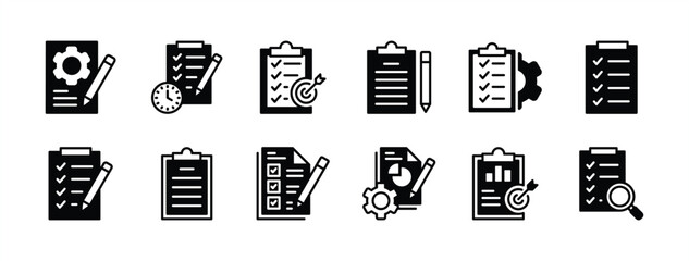 Clipboard icon set. Containing checklist, document, task, schedule, note, plan, target, report, project, business contract, journal, paperwork, agenda, survey, form with checkmark. Vector illustration - obrazy, fototapety, plakaty