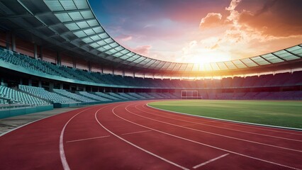 Dynamic arena running track winds through vast sports stadium