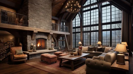 Papier Peint photo Mur chinois Stone and timber ski chalet great room with massive towering fireplace antique snowshoe accents loft walkway and panoramic windows.