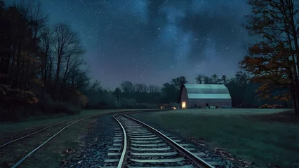 Foto op Canvas night star sky, railway track, night railway tracks, landscape © Ahmad